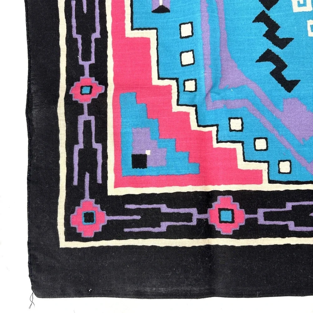 Vtg Southwestern Biker BANDANA Hanky Black Pink Teal Wamcraft Western